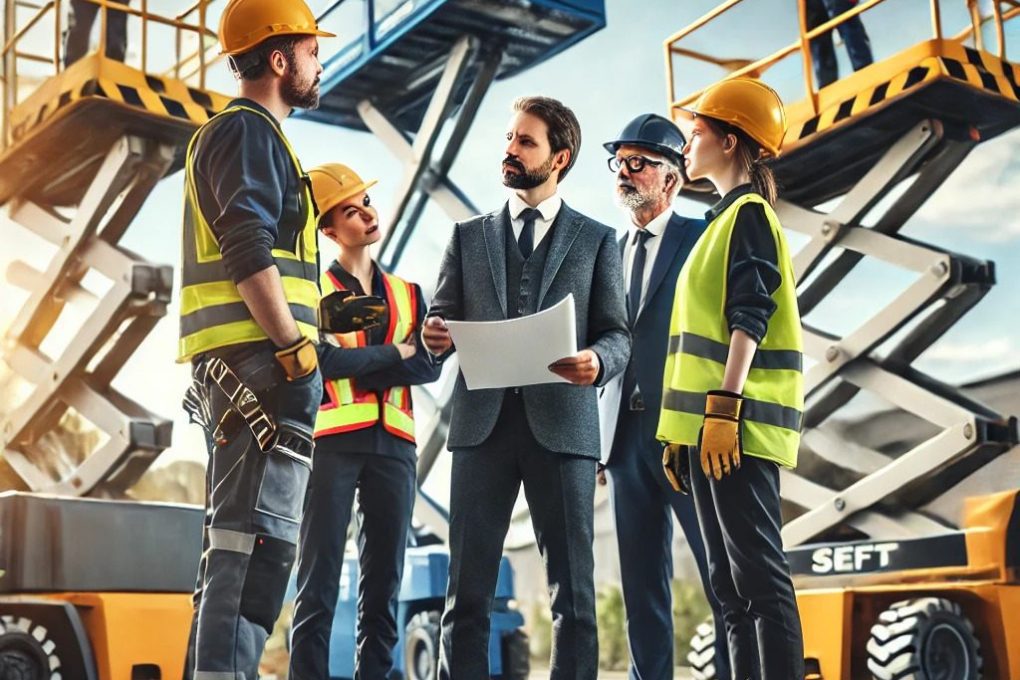 A team of experienced professionals at a construction site discussing project plans with various types of lift equipment in the background