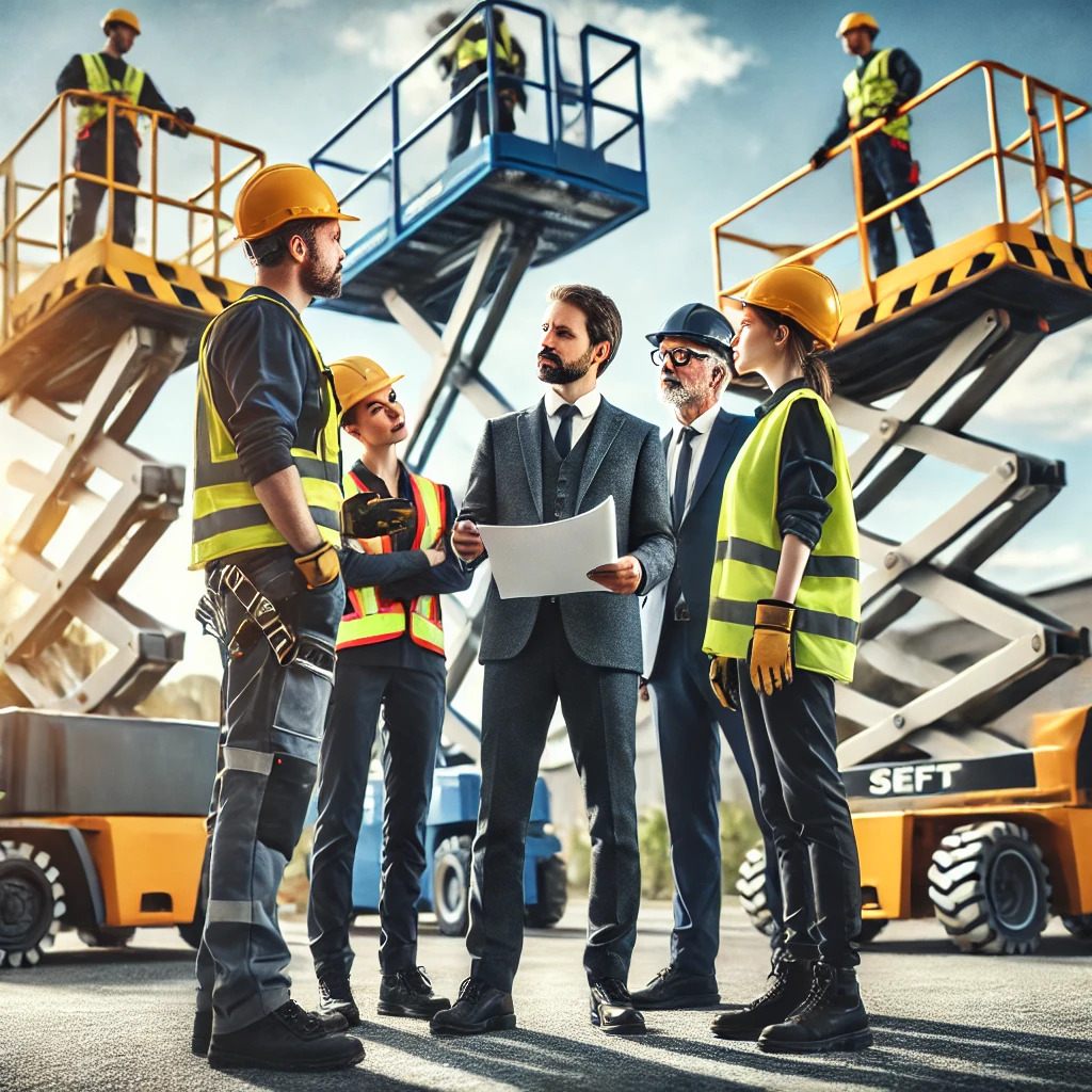 A team of experienced professionals at a construction site discussing project plans with various types of lift equipment in the background